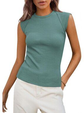 Women's Bean Green Polyester Blend Cap Sleeve Slim Fitted Basic Casual Tank Top